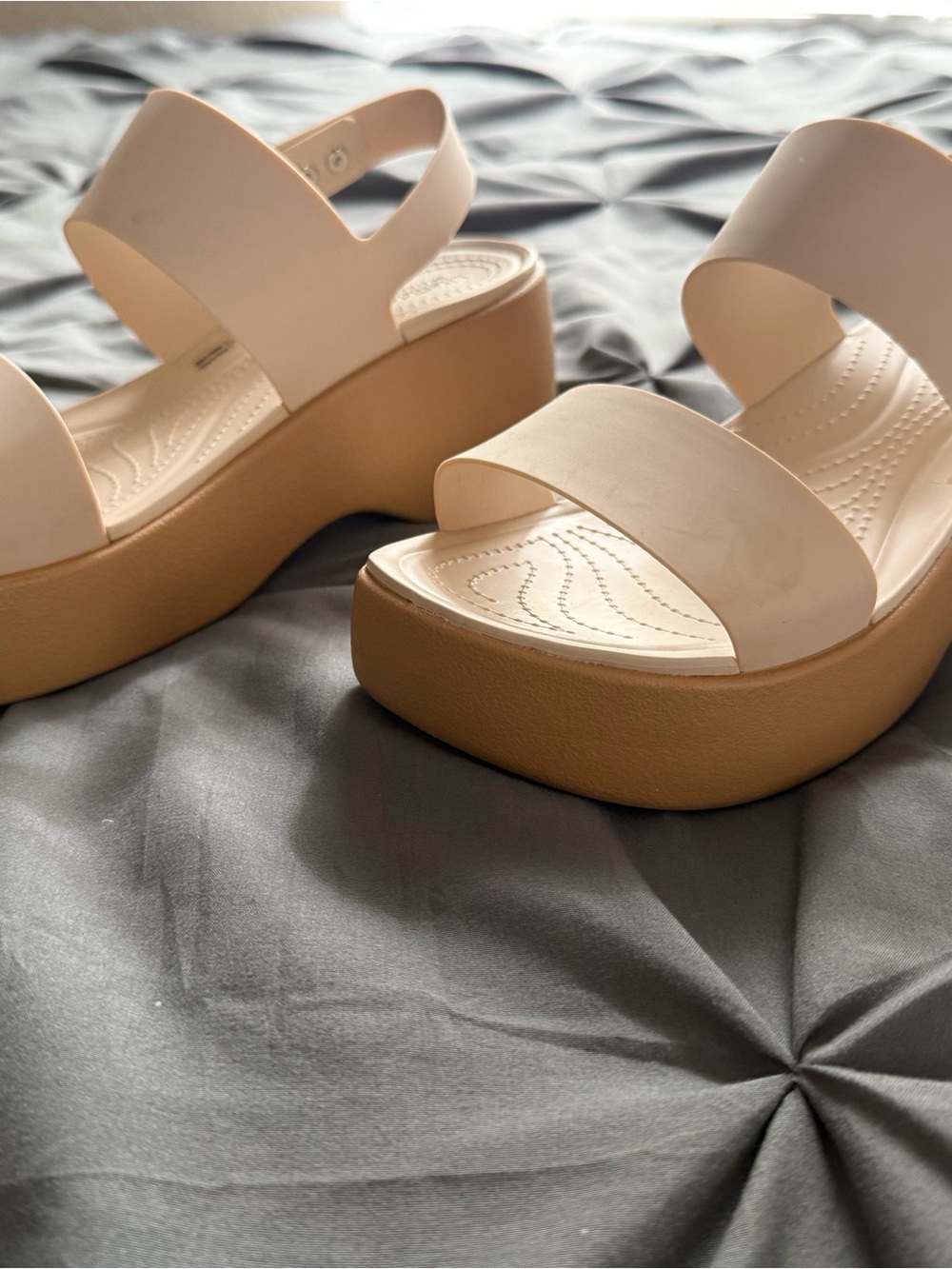 CROCS Women’s Cream Platform Sandals with Tan Wedge - Picture 2 of 3